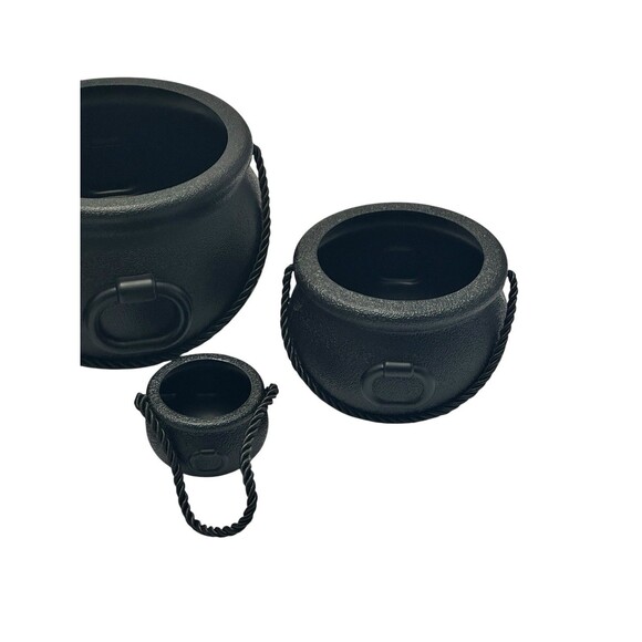 GloCamping 5ct Halloween Plastic Black Cauldrons With Rope Handles Large-Small - Picture 6 of 9